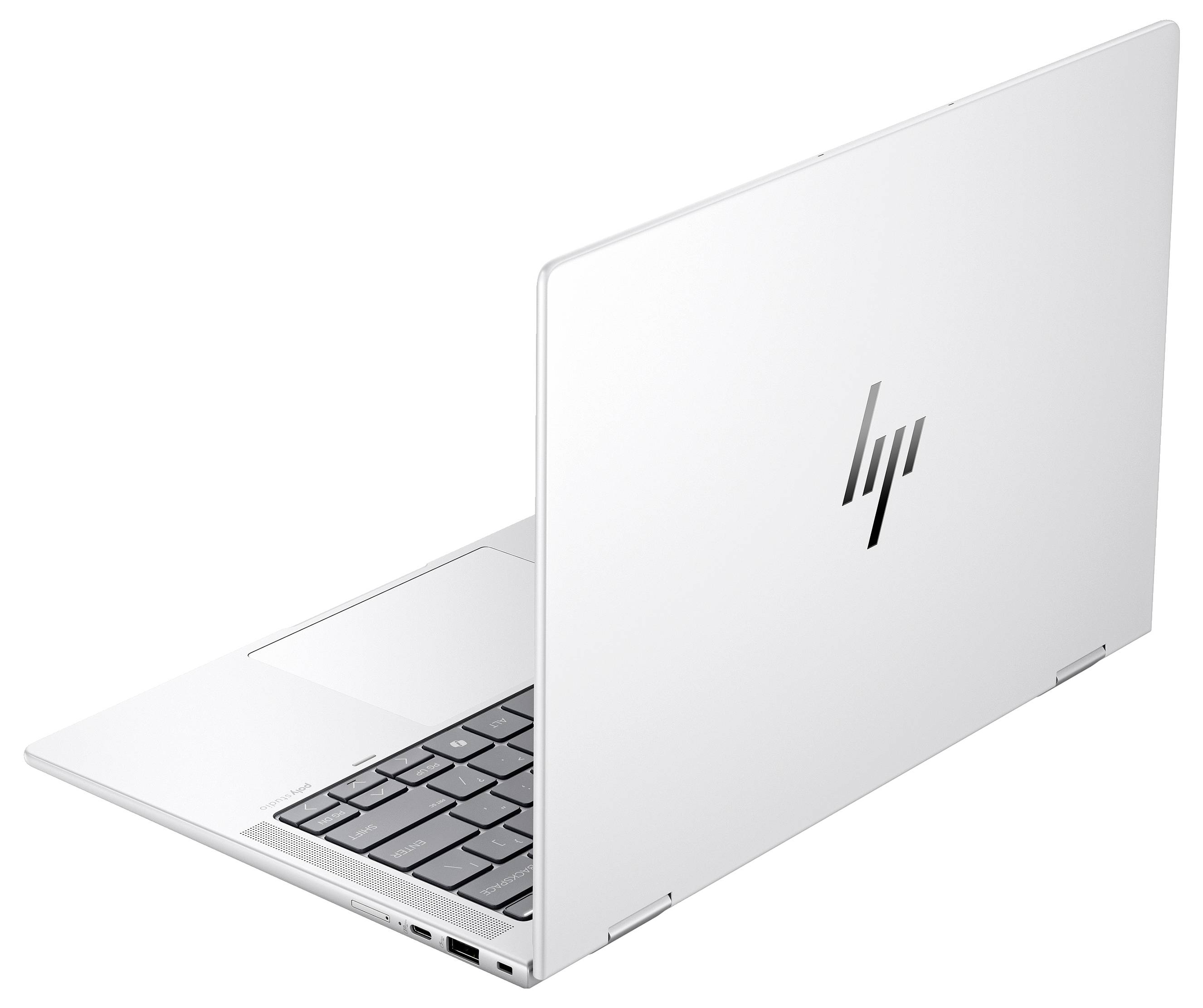 Ein silberner Laptop von hinten mit HP-Logo auf der Rückseite des Bildschirms, teilweise geöffneter Deckel, sichtbare Tastatur.