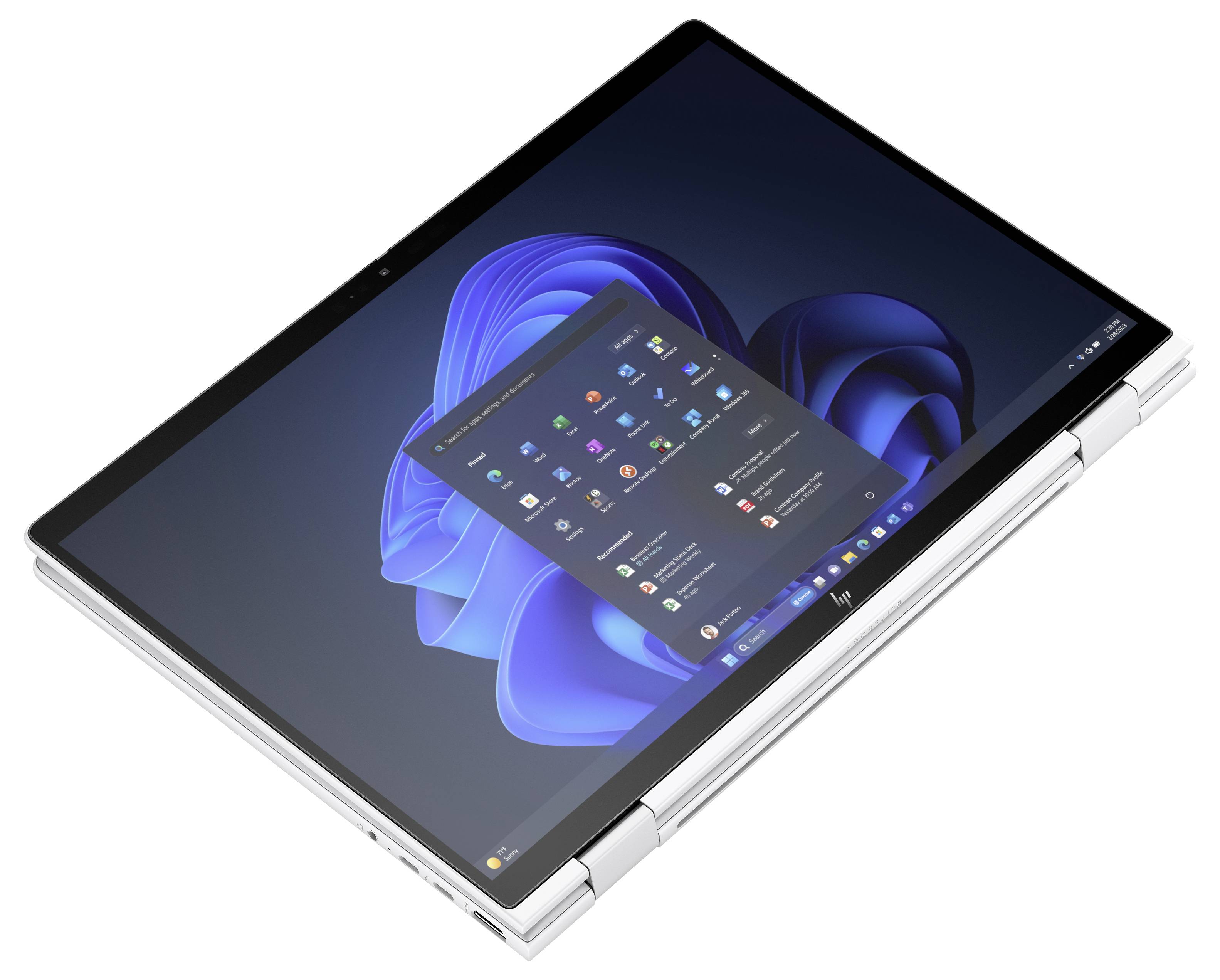Ein weißer Laptop im Tablet-Modus zeigt den Startbildschirm von Windows 11 mit dem Startmenü in der Mitte des Bildschirms.