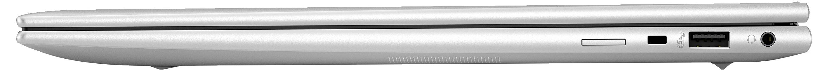 Seitenansicht eines geschlossenen Laptops mit sichtbaren Anschlüssen und Lüftungsschlitzen auf der rechten Seite.