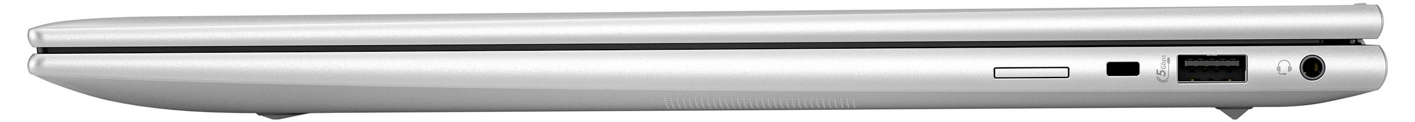 Geschlossener silberner Laptop von der Seite mit sichtbaren Anschlüssen und Scharnieren.