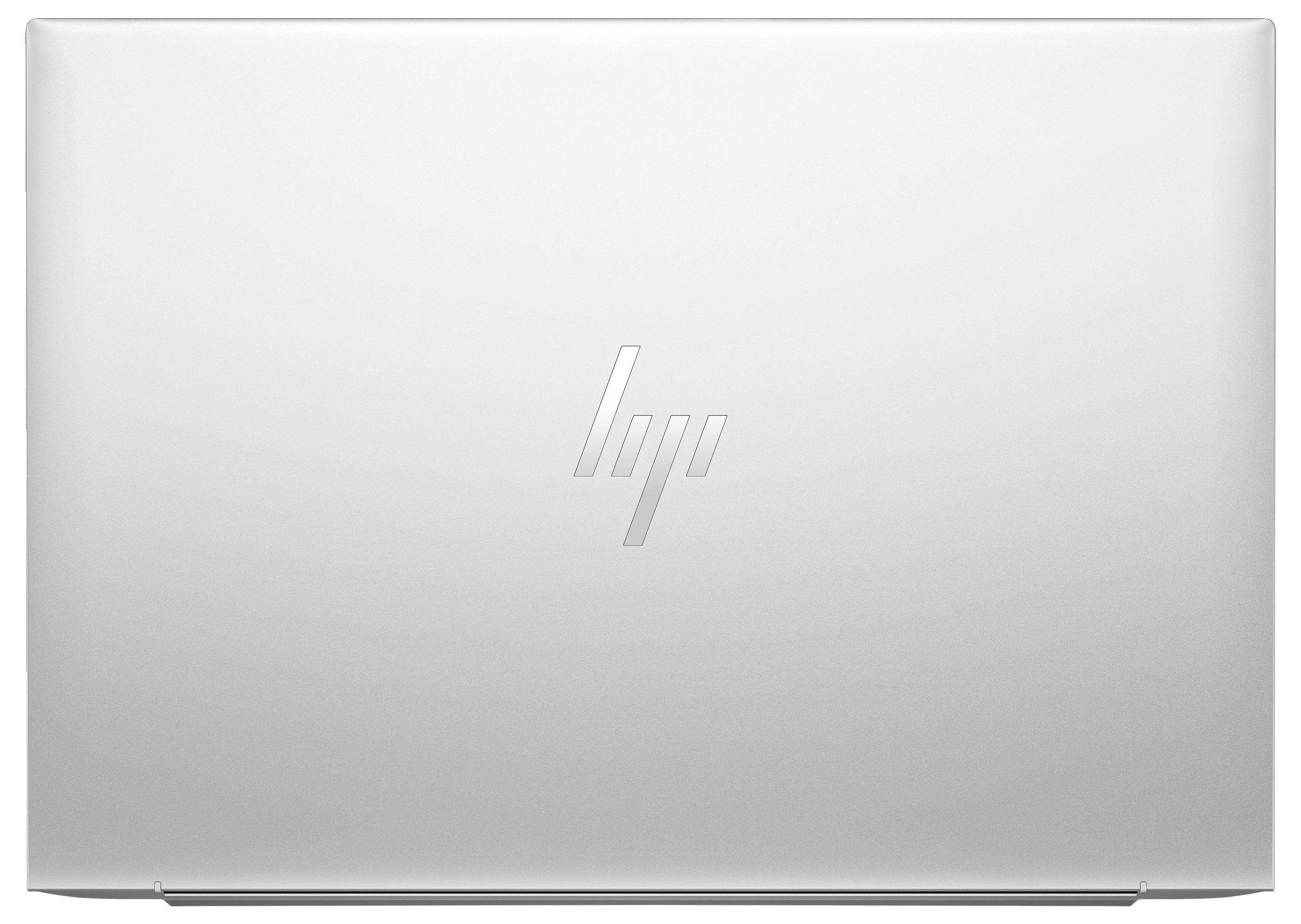 Laptop in Silber mit einem markanten HP-Logo auf dem Deckel.