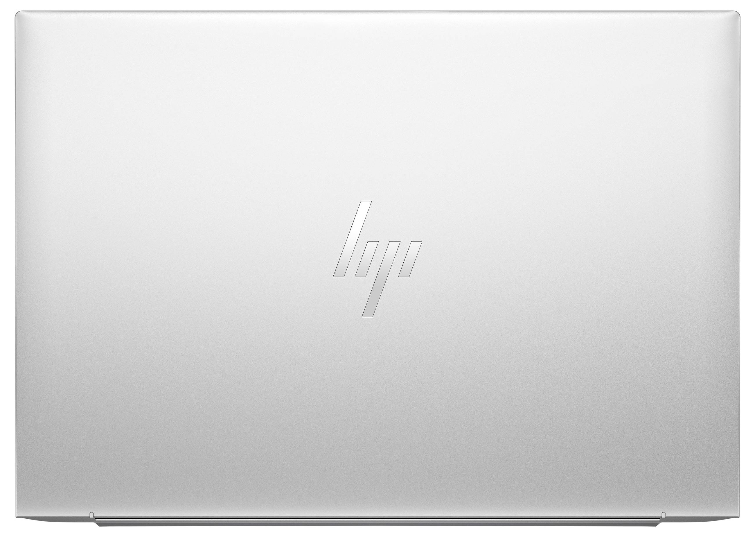 Silberner Laptop-Deckel mit eingeprägtem Logo in der Mitte.