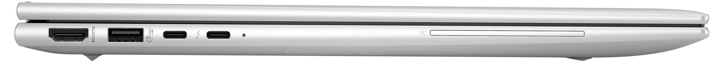 Silberner Laptop seitlich geschlossen. Sichtbare Anschlüsse: USB-Ports, Ethernet, Audio und Netzkabelanschluss.