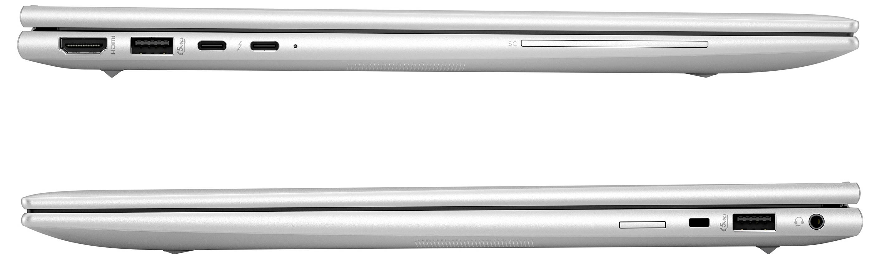 Zwei Laptops von der Seite; oben mit HDMI-, USB-C- und USB-Ports; unten mit SD-Kartenleser und USB-Ports.