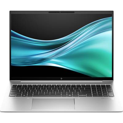 Ein Laptop mit silberner Tastatur zeigt einen Bildschirmhintergrund mit geschwungenen, blauen und grünen Linien.