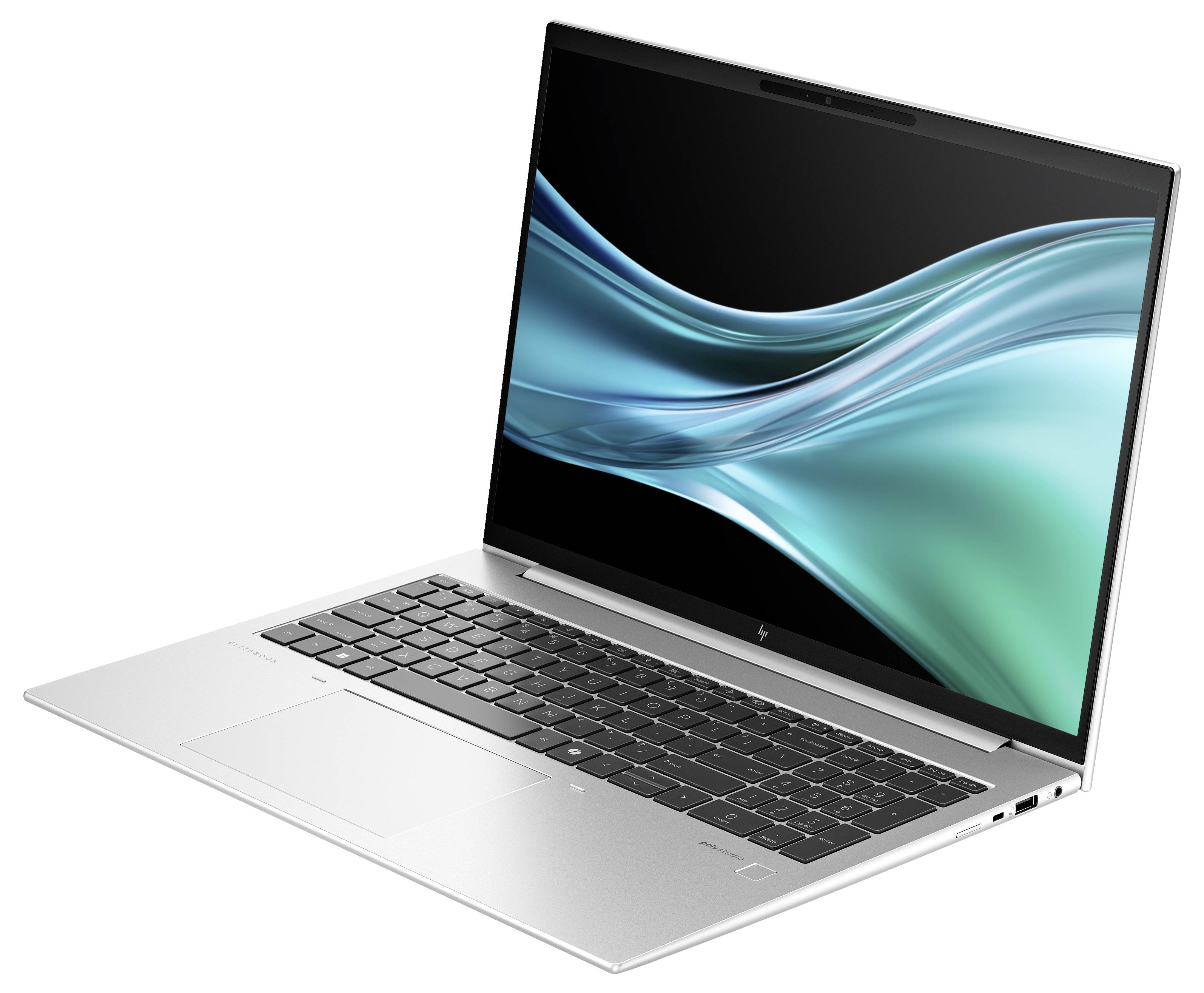 Ein silberner Laptop mit einem geöffneten Bildschirm zeigt abstrakte grün-blaue Wellen auf schwarzem Hintergrund. Tastatur und Trackpad sichtbar.