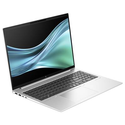 Ein moderner Laptop mit dünnem Design, silbernem Gehäuse und Tastatur. Der Bildschirm zeigt wellenartige blaue Grafiken.