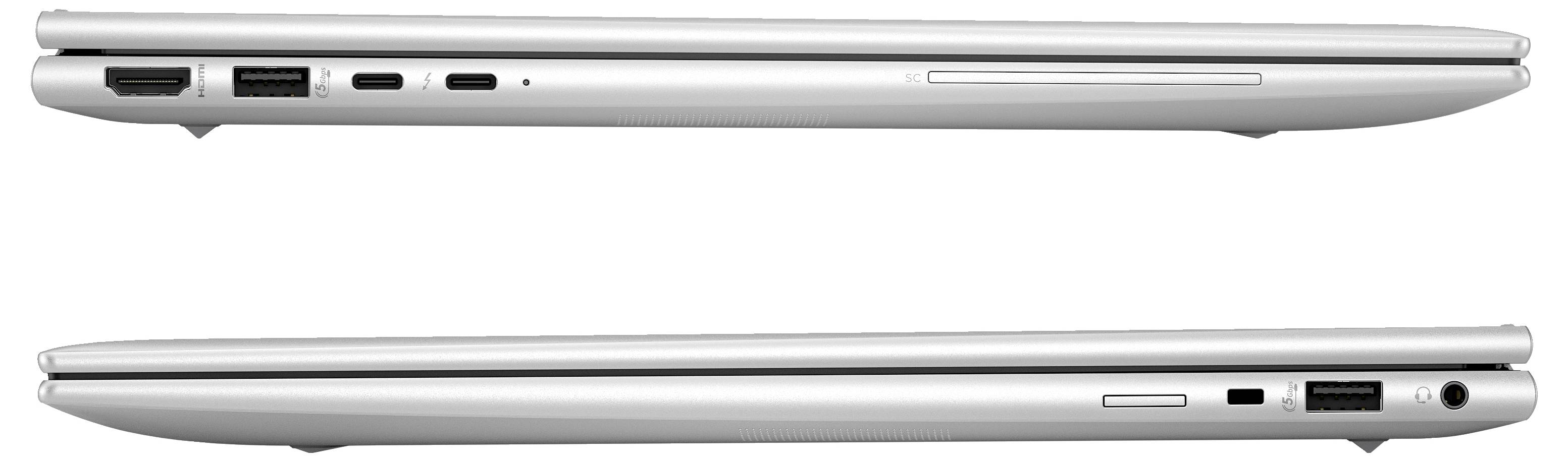 Seitenansicht von zwei silbernen Laptops. Der obere zeigt Anschlüsse, darunter HDMI, USB und Kopfhörerbuchse. Der untere ohne erkennbare Anschlüsse.