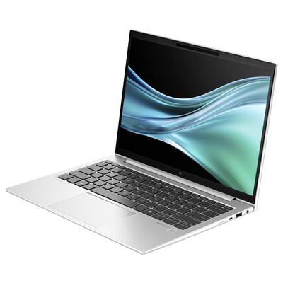 Ein silberner Laptop mit einem geöffneten Bildschirm, der eine blaue, wellenartige Grafik zeigt. Tastatur und Touchpad sind sichtbar.