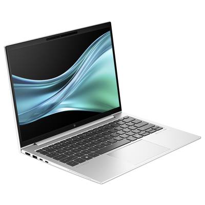 Silberner Laptop mit geöffnetem Bildschirm, zeigt eine abstrakte türkisfarbene Wellenform auf schwarzem Hintergrund.