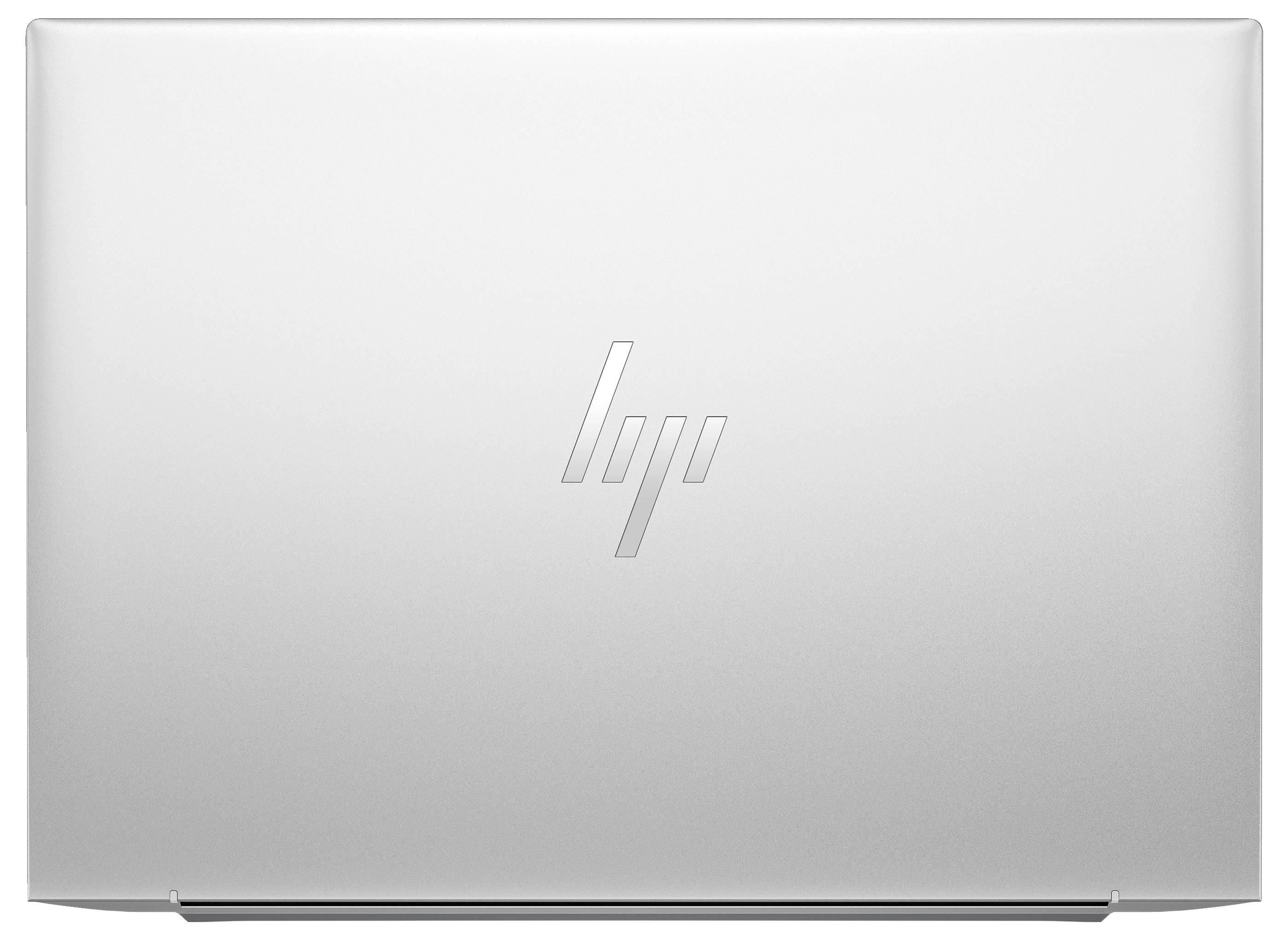 Ein silberner Laptop von HP, geschlossen, mit dem HP-Logo in der Mitte der Rückseite des Bildschirms.