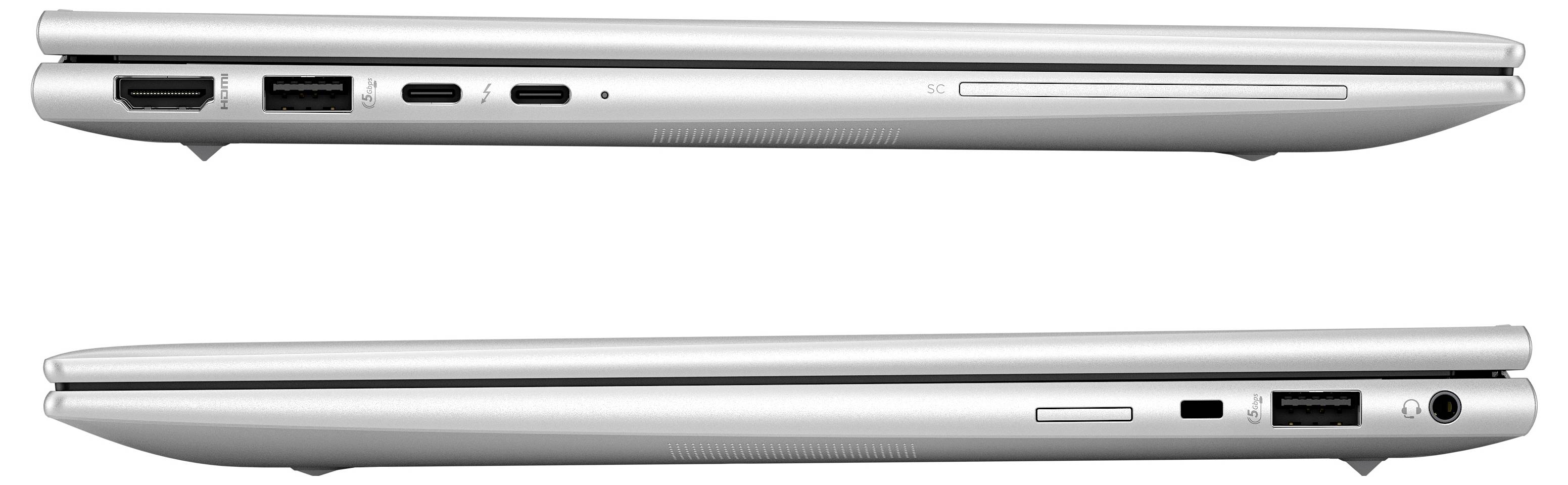 Ein silberner Laptop, Seitenansicht, zeigt verschiedene Anschlüsse einschließlich USB, HDMI und Audio.