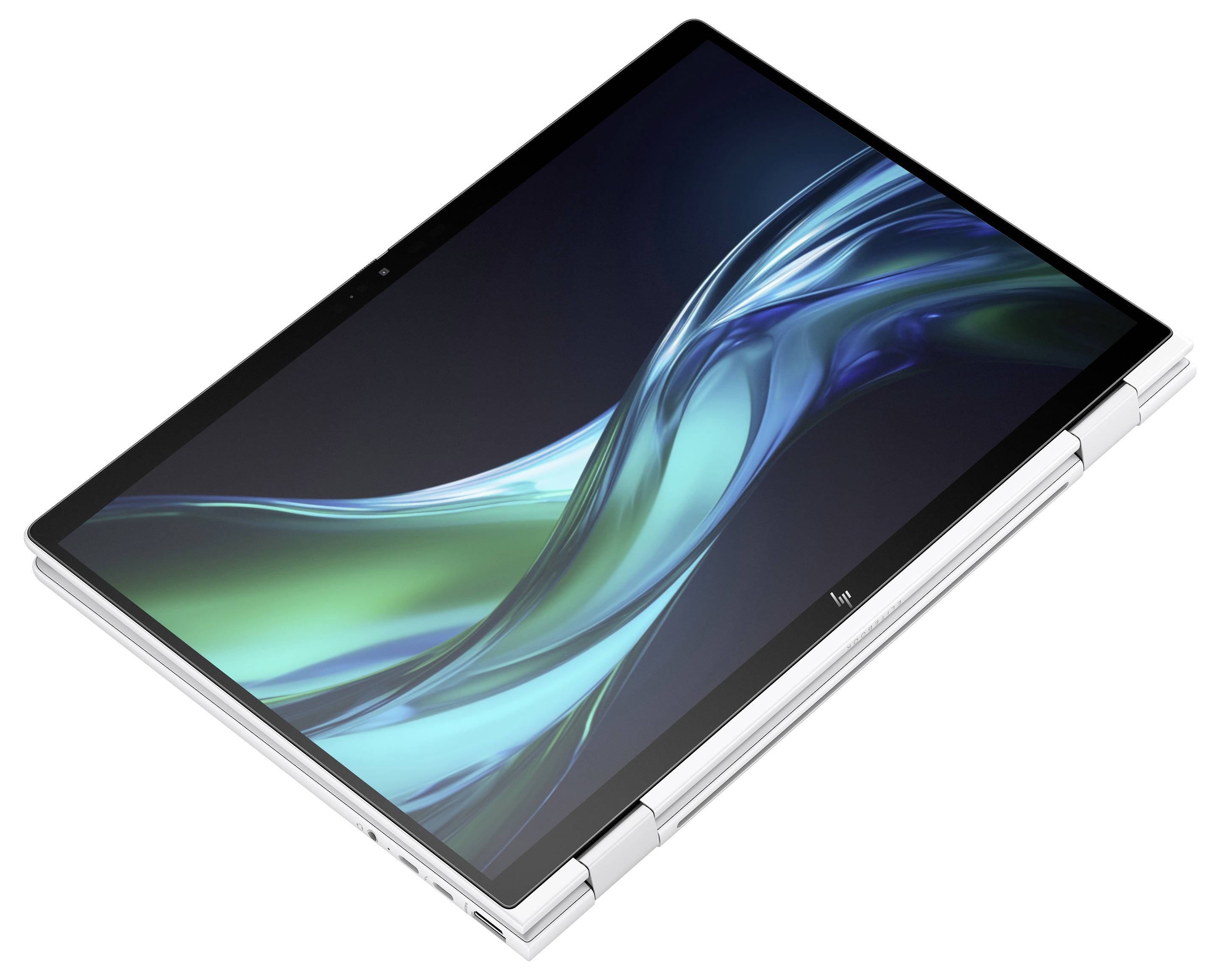 Ein silberner Laptop in einem Tablet-Modus, der halb geöffnet ist. Der Bildschirm zeigt eine abstrakte, blau-grüne Grafik.