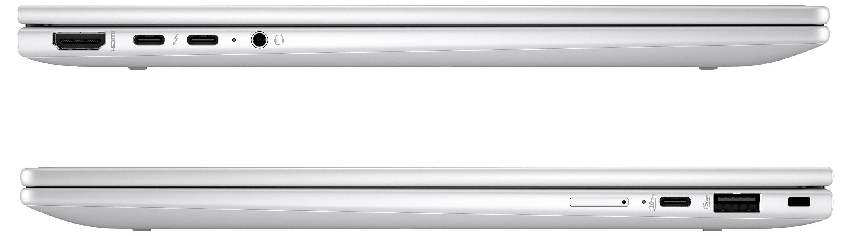 Die Abbildung zeigt zwei silberne Laptops in Seitenansicht. Oben sind Anschlüsse wie HDMI, USB-C und Kopfhörerbuchse sichtbar. Unten sind USB-Anschlüsse und ein SD-Kartenleser erkennbar.