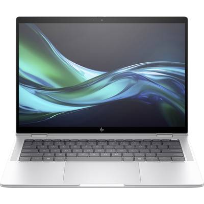 Ein Laptop mit geöffnetem Display. Die Benutzeroberfläche zeigt eine abstrakte grüne und blaue Wellenform.