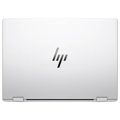 Silberner Laptop mit stilisiertem Logo in der Mitte des Deckels.