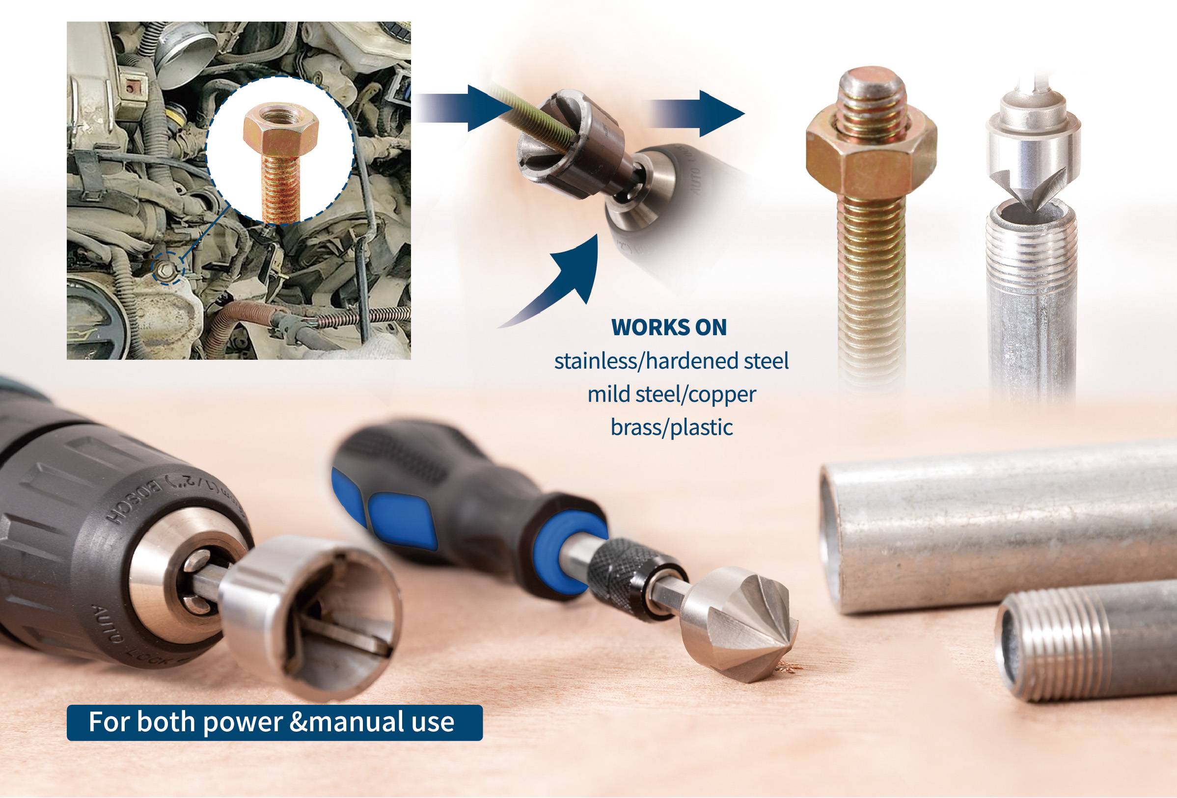 Das Bild zeigt Werkzeuge zur Gewindeschonung, geeignet für Edelstahl, gehärteten Stahl, weichen Stahl, Kupfer, Messing und Kunststoff.