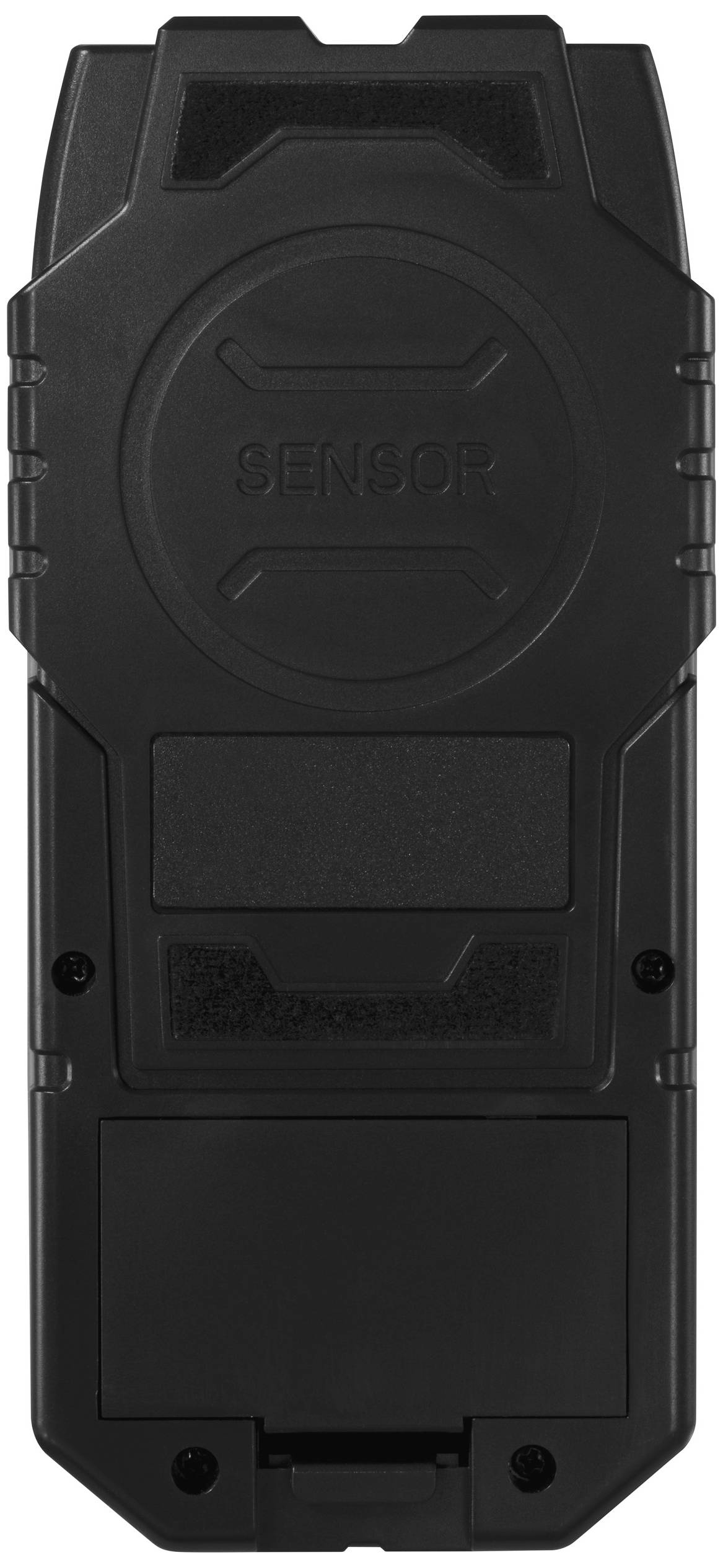 Schwarzes batteriebetriebenes Sensorgerät, vertikale Ansicht, mit strukturierten Oberflächen und erhabenen Details.