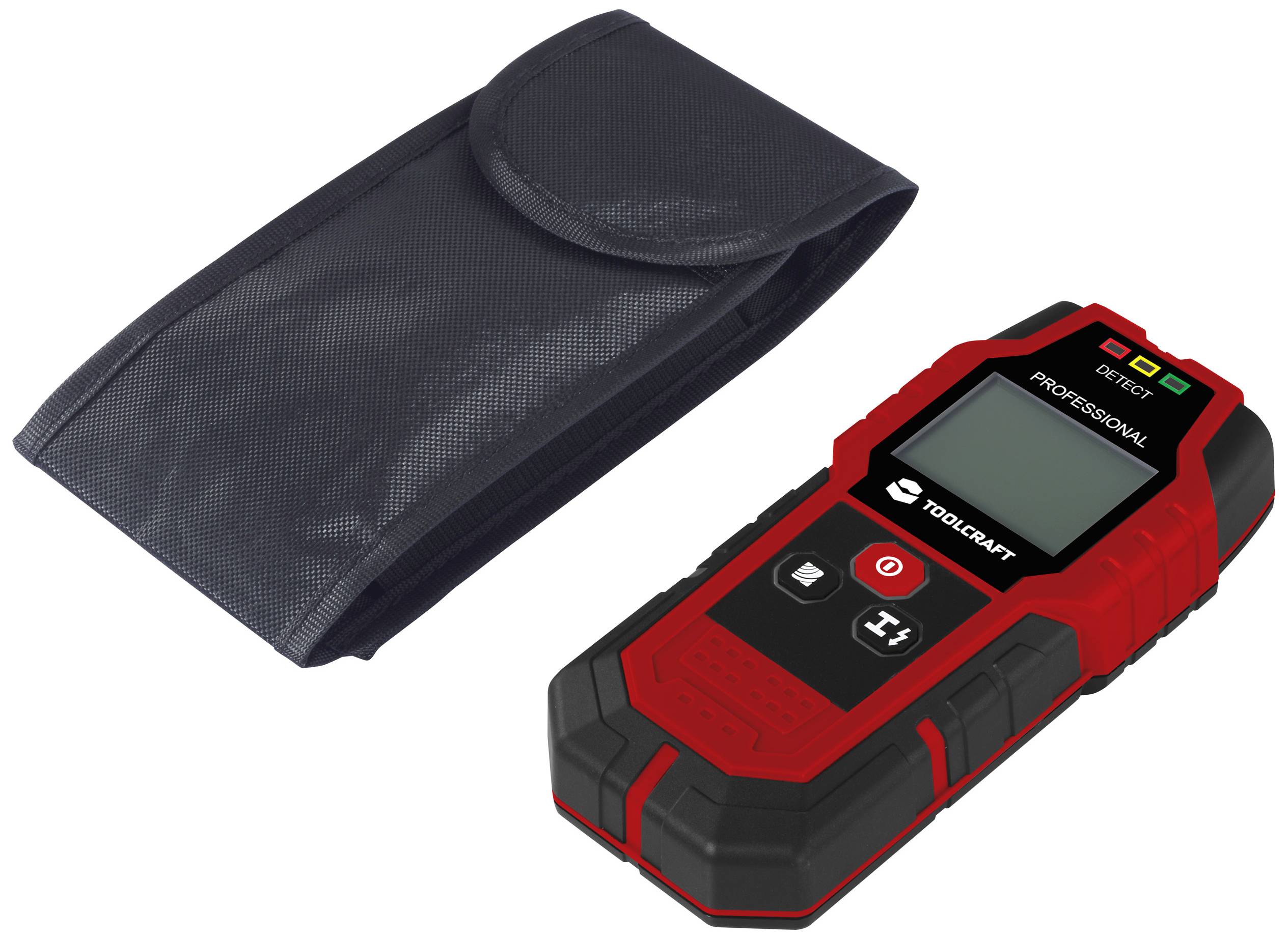 Elektronischer Detektor mit rotem Gehäuse neben einer schwarzen Tragetasche. Verwendet zur Ortung von elektrischen Leitungen oder Metall.