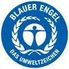 Blaues Umweltzeichen mit der Aufschrift 'Blauer Engel, das Umweltzeichen', zeigt eine Figur umgeben von zwei Blättern in einem blauen Kreis.