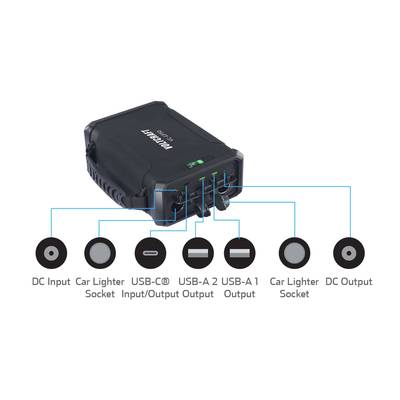 Abbildung eines tragbaren Ladegeräts mit Anschlüssen: DC-Eingang, Zigarettenanzünder, USB-C® Ein-/Ausgang, zwei USB-A-Ausgänge, Zigarettenanzünder-Ausgang.