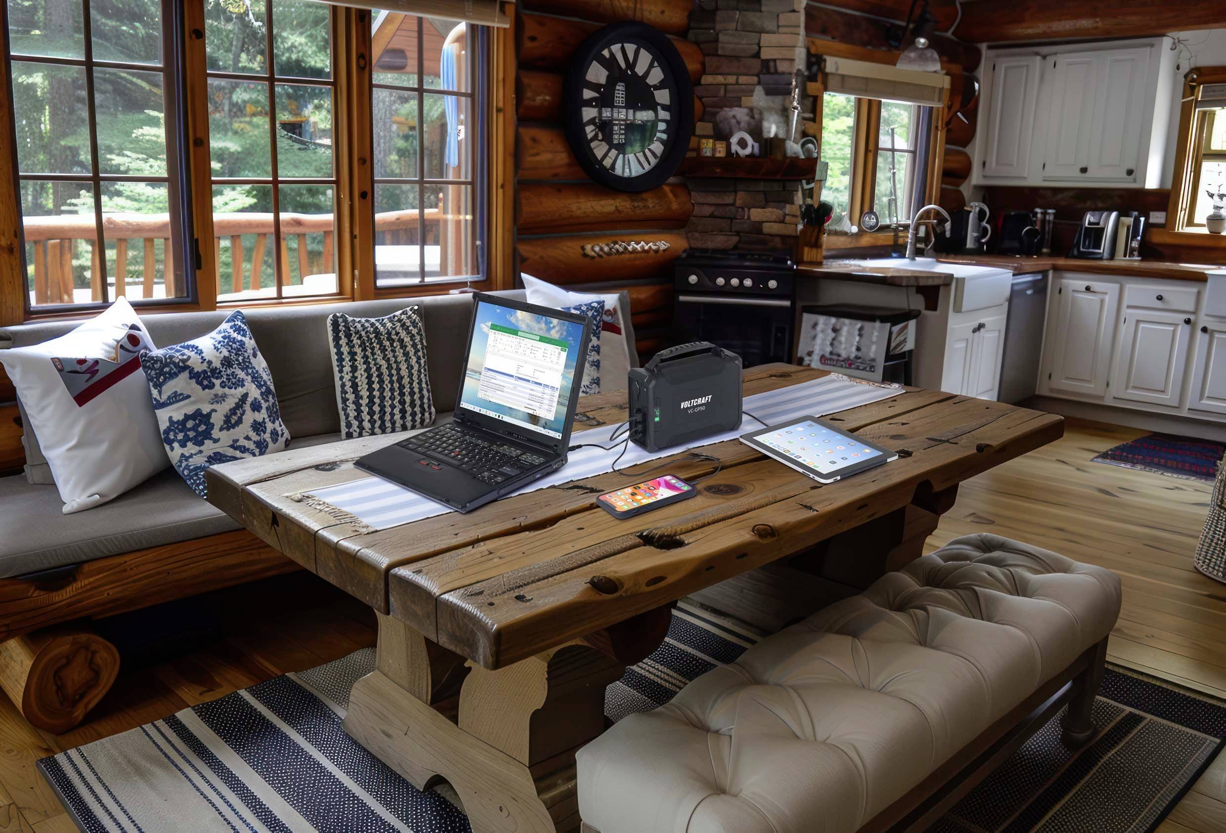 Ein rustikales Wohnzimmer mit Holztisch, auf dem ein Laptop, ein Smartphone, ein Tablet und ein tragbarer Projektor liegen. Hintergrund: umgeben von Holzwänden und großen Fenstern.