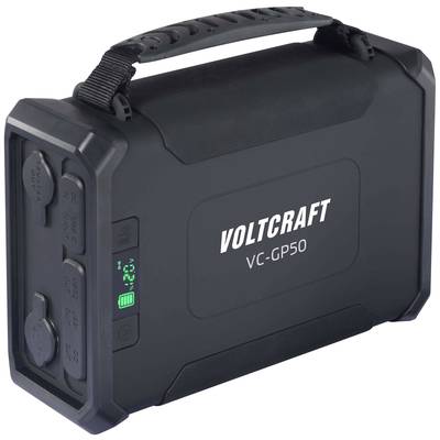Tragbarer Akku, Markenname 'Voltcraft VC-GP50', mit mehreren Anschlüssen und LCD-Anzeige, für verschiedene elektronische Geräte geeignet.