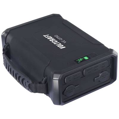 Tragbare schwarze Powerbank mit vier Anschlüssen, digitaler Anzeige und Text 'VOLCRAFT LCD-50' auf der Oberseite. Ideal für mobile Geräte.