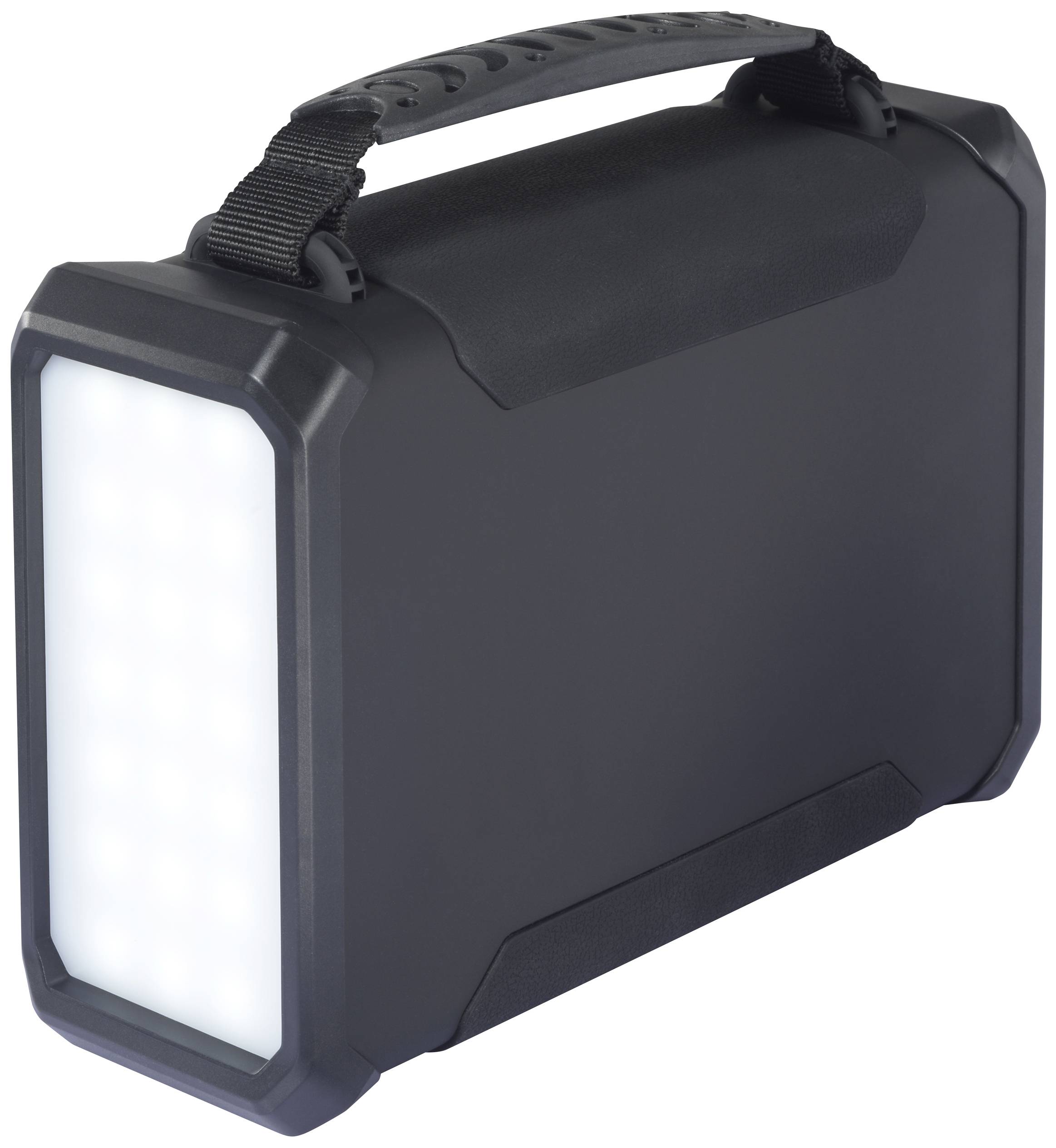 Schwarze Tragetasche mit Griff, beleuchtete Vorderfläche, möglicherweise eine tragbare Leuchte oder ein Gerät in einem schützenden Gehäuse.