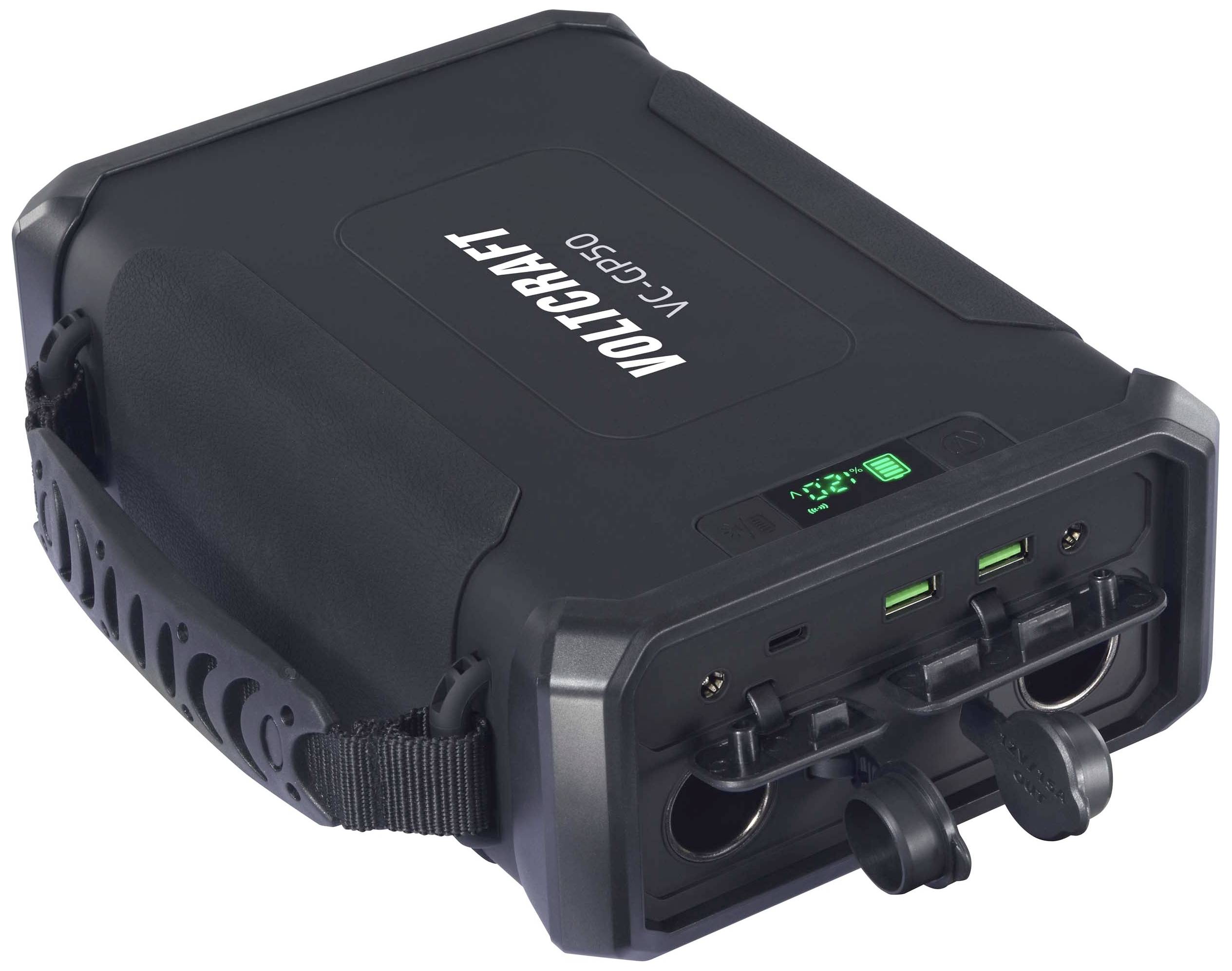 Tragbare Powerstation von VOLTCRAFT, Modell VCP-90, mit zwei USB-Anschlüssen und zwei 12V-Ausgängen, geeignet für unterwegs.