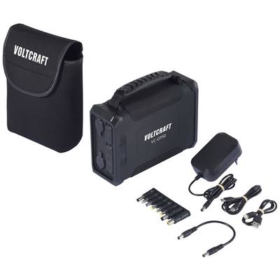 Tragbare Voltcraft-Stromquelle VC-CPS90 mit Zubehör: Tasche, Adapterkabel und Netzteil für vielseitige Stromversorgung.