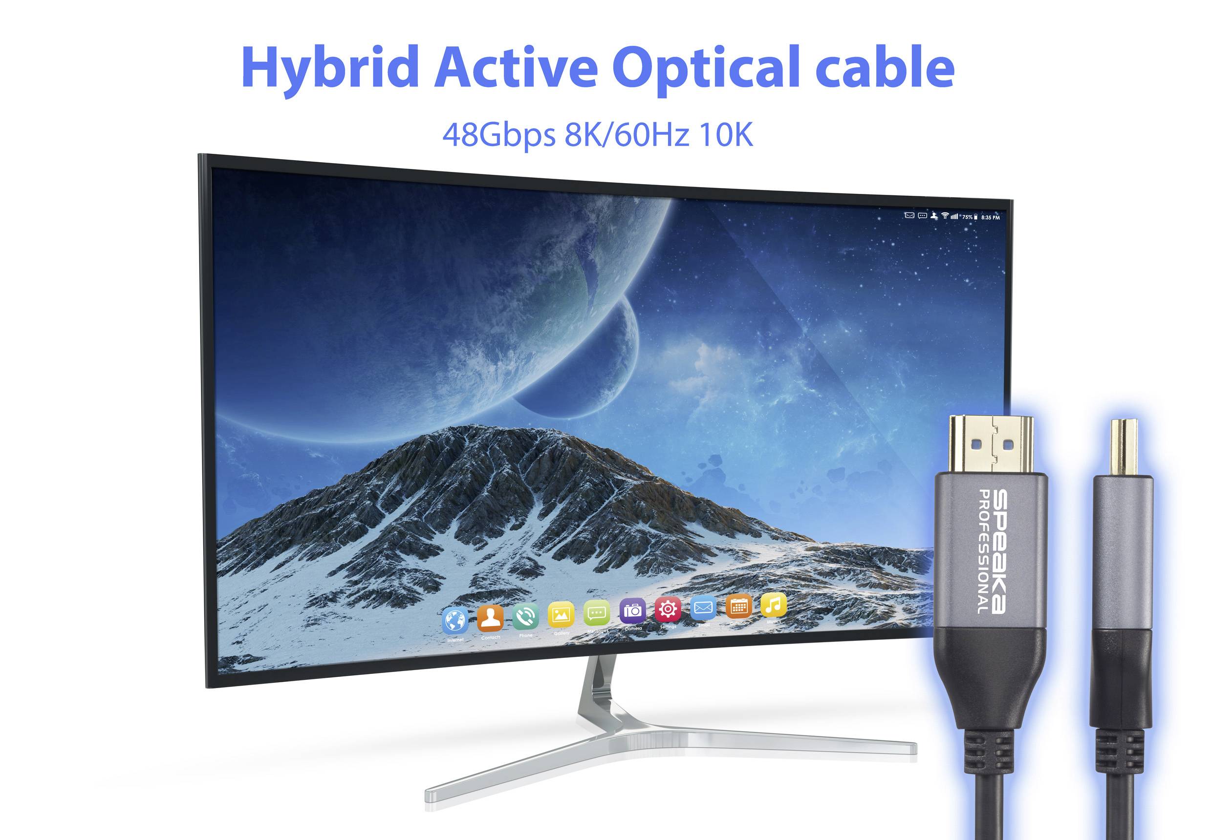 Ein gebogener Monitor zeigt eine Weltraumszene. Daneben ein 'Hybrid Active Optical Cable' mit HDMI-Anschluss für 8K/60Hz.
