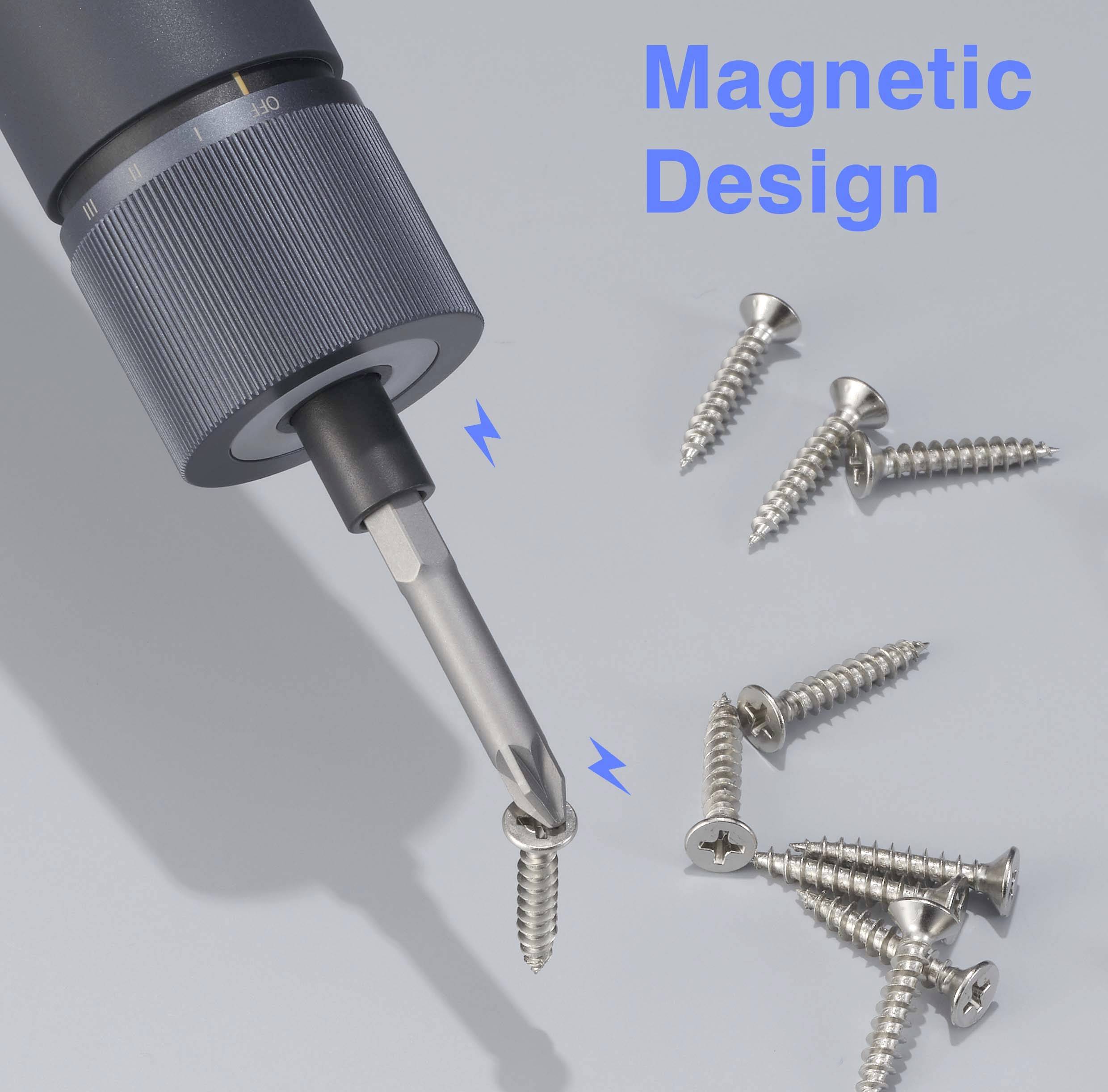 'Ein elektrischer Schraubendreher zieht mit Magnetkraft mehrere silberne Schrauben an. Text: Magnetisches Design.'