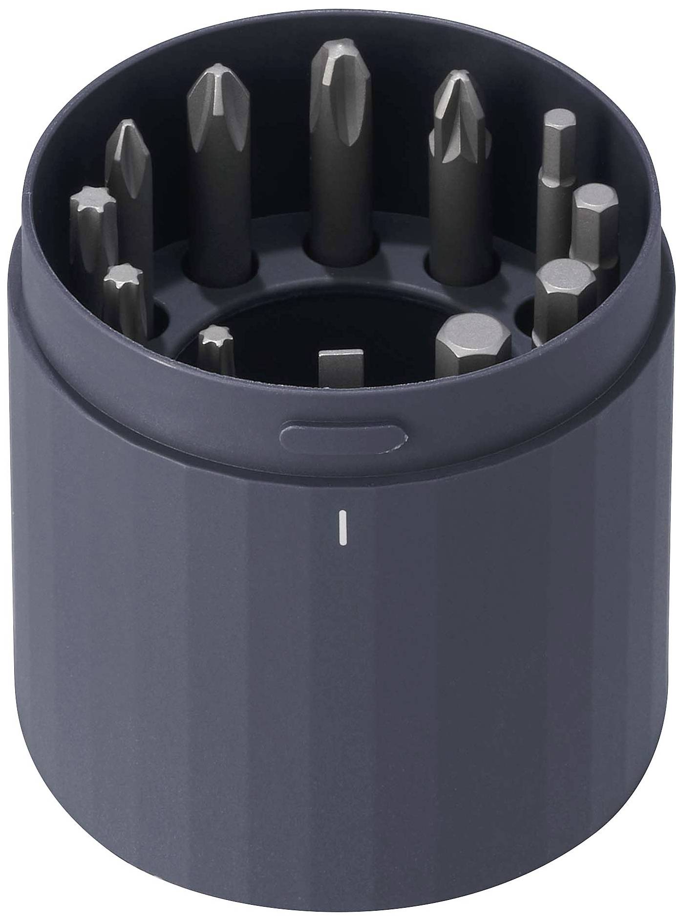 'Dunkler zylindrischer Behälter mit verschiedenen Schraubendreher-Aufsätzen, geordnet in einem kreisförmigen Einsatz.'