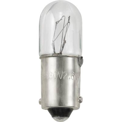 Eine Glühlampe mit Metallfassung und durchsichtiger Glasabdeckung. Die Aufschrift zeigt '130V2.6W', zeigt technische Details der Lampe.