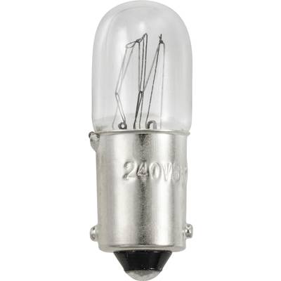 Eine Glühbirne mit einer Metallfassung und Glasabdeckung. Auf der Fassung steht '240V3W'.