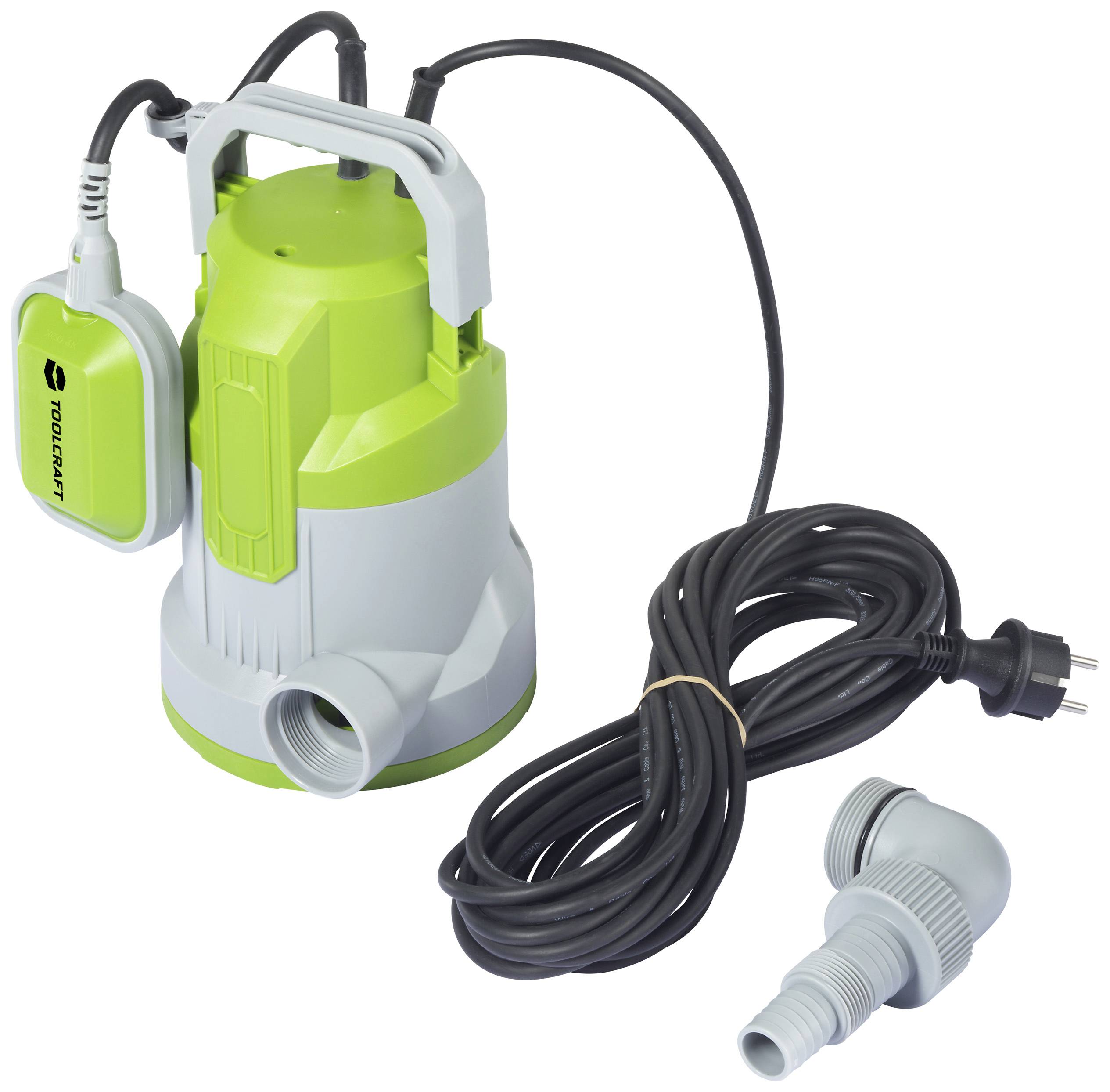Eine grün-graue Wasserpumpe mit Kabel und Stecker, geeignet für die Entwässerung. Enthält zwei separate Anschlüsse. Ideal für Garten oder Haushalt.