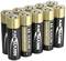 Zehn gestapelte AA-Alkalibatterien mit goldenen und schwarzen Gehäusen, die Marke ist deutlich sichtbar.
