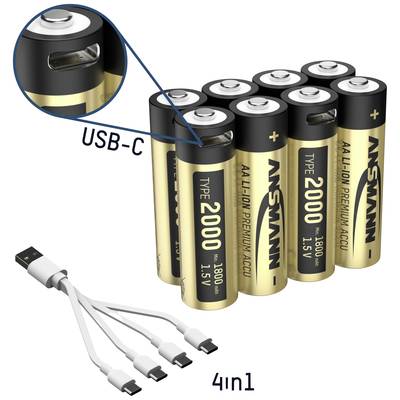 'Akkus mit USB-C-Anschluss, Typ AA, 2000 mAh, 1,5 V, 4-fach USB-Kabel.'