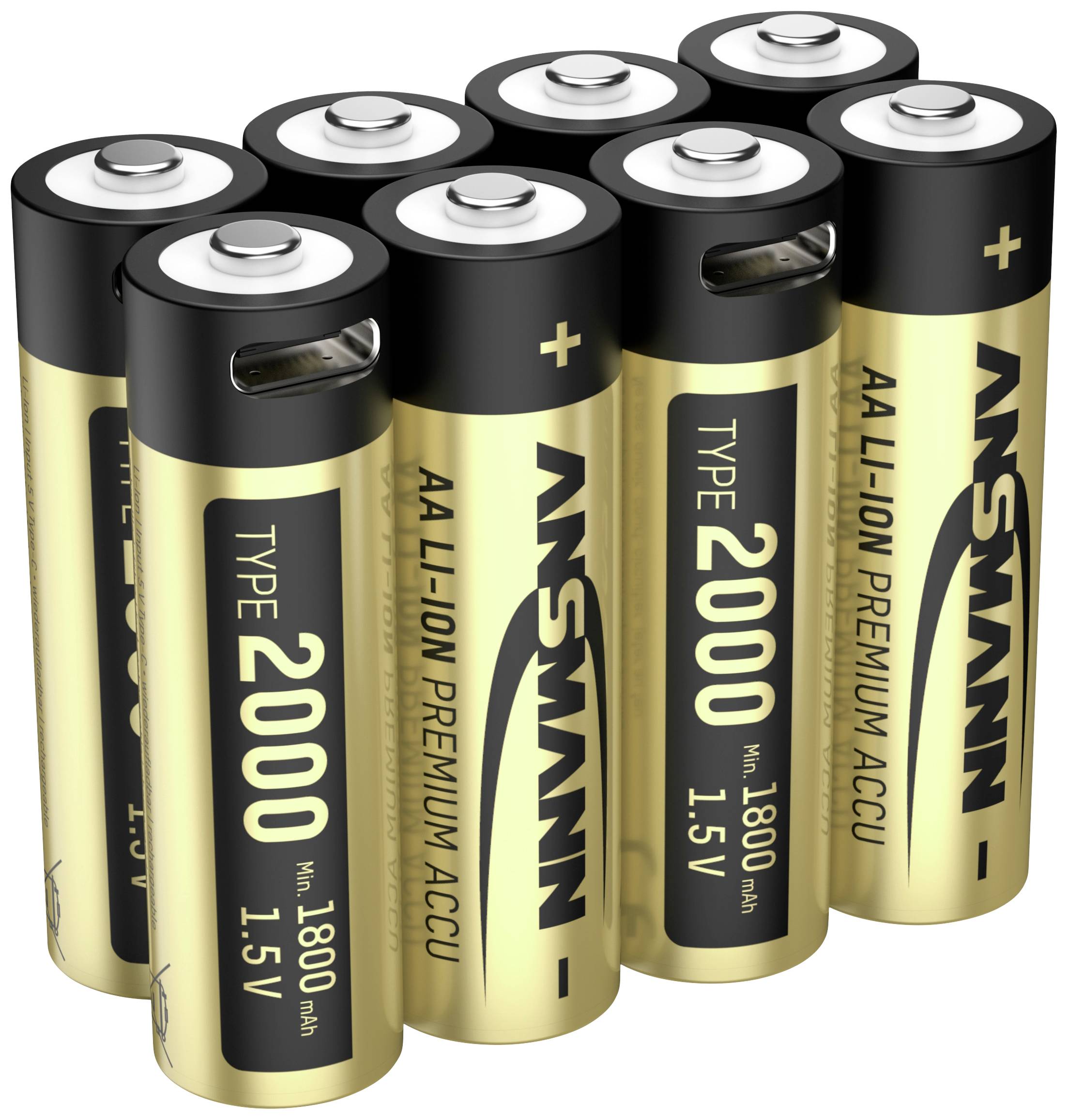 Acht goldene AA-Batterien mit der Aufschrift 'Type 2000', 'AA Li-Ion Premium Accu', '1.5V'. Sie sind in zwei Reihen angeordnet.
