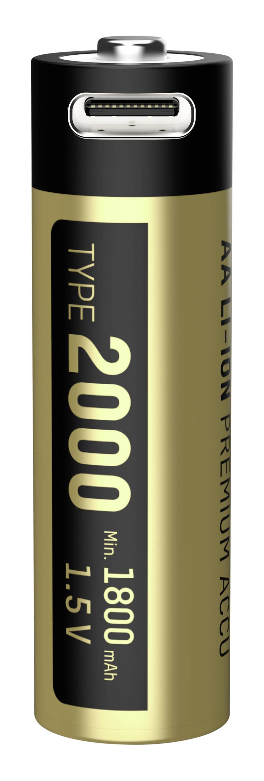 Abbildung einer AA Li-Ion-Batterie mit USB-C-Anschluss. Aufschrift: 'TYPE 2000, Min. 1800mAh, 1.5V'.