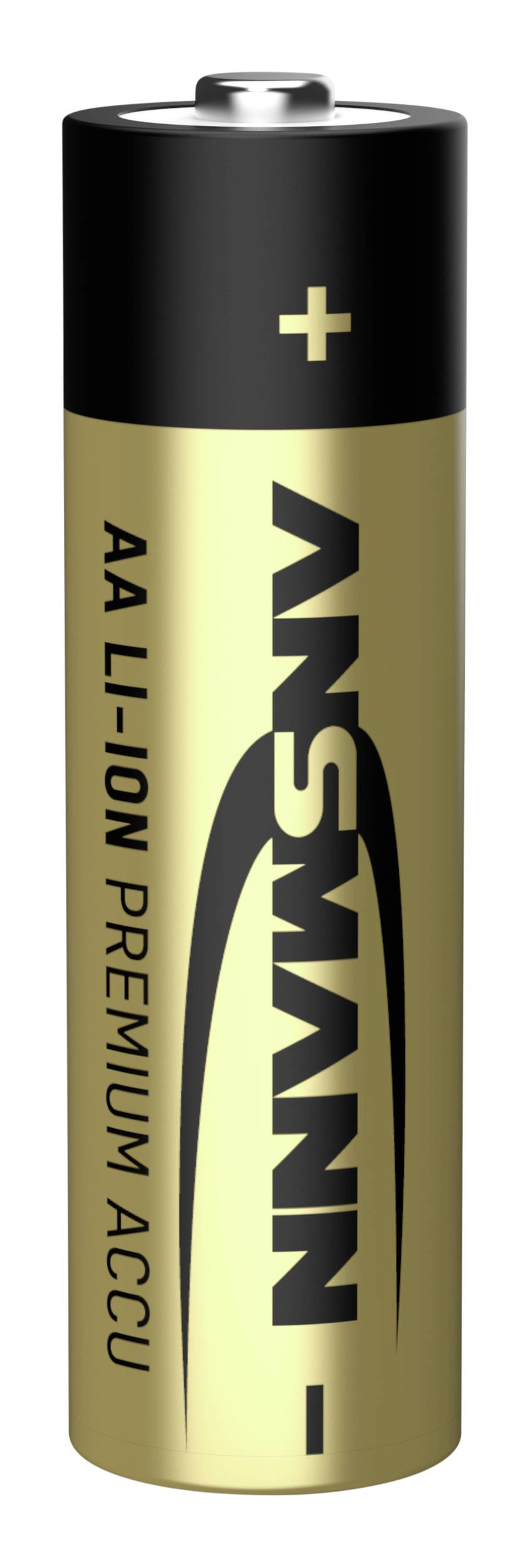 Eine AA-Lithium-Ionen-Batterie mit schwarzem Pluspol und goldfarbenem Körper. Marke 'Ansmann' seitlich aufgedruckt.