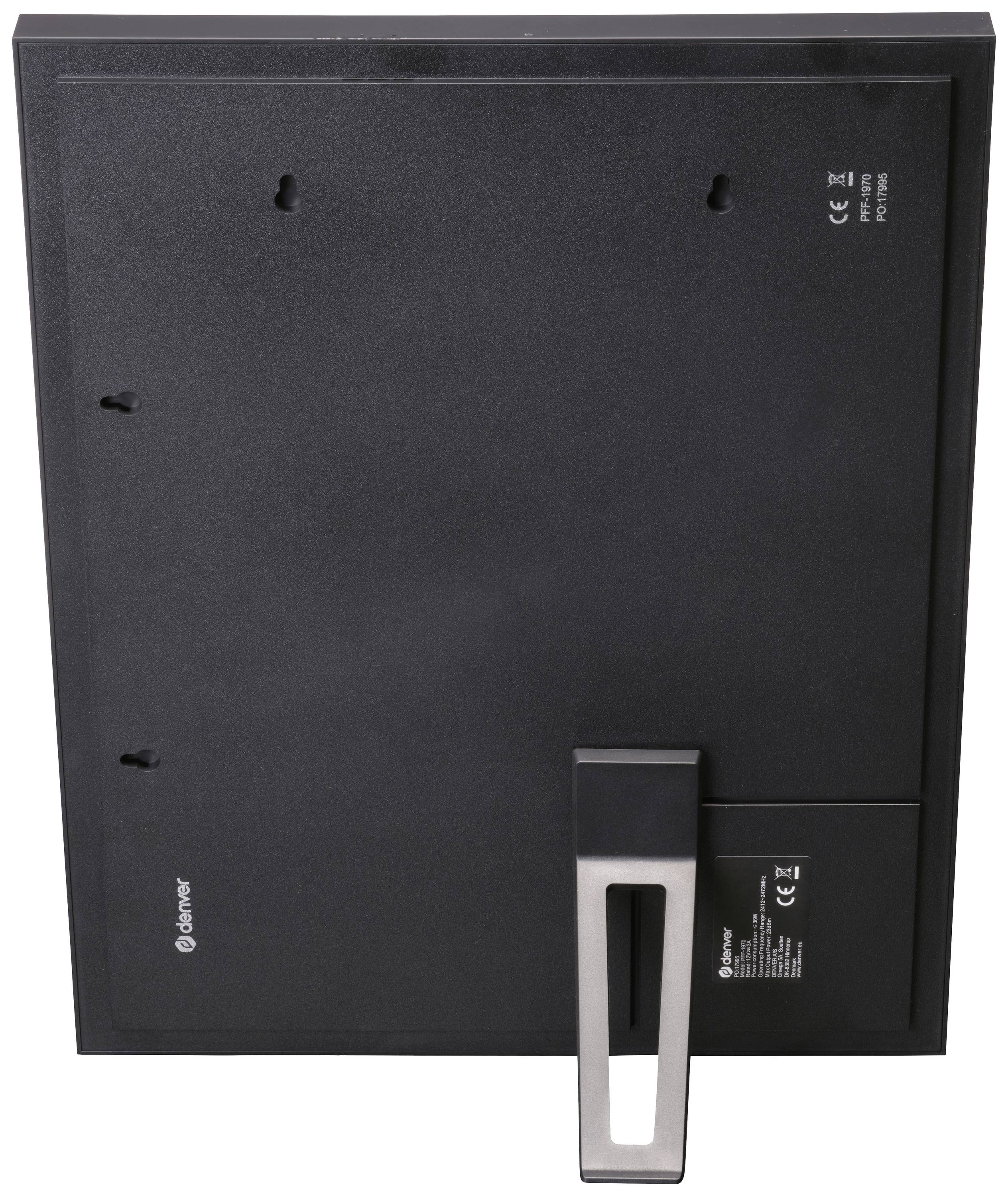 Ein schwarzer Bilderrahmen von hinten mit integriertem Ständer und Wandaufhängemöglichkeiten.