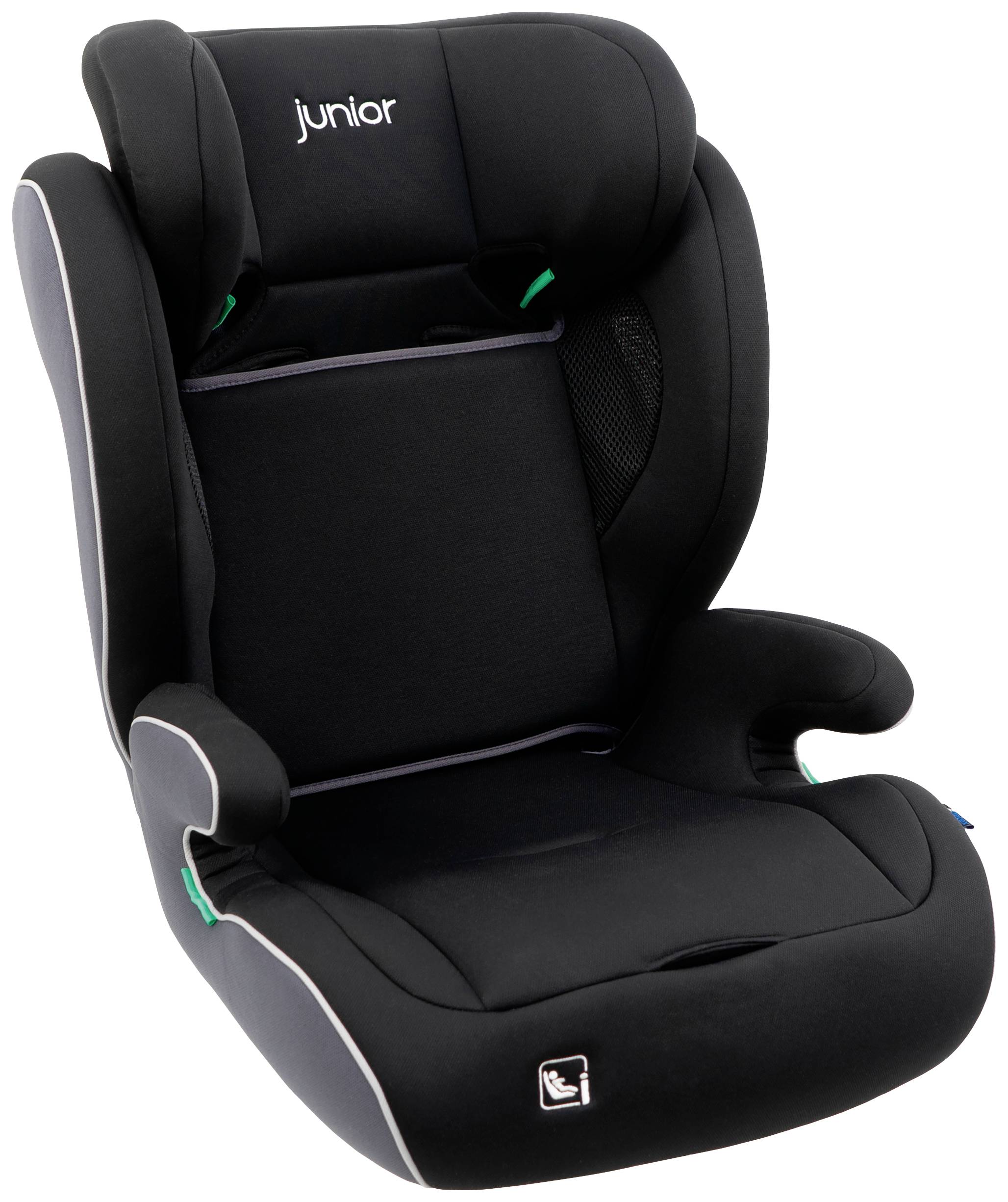 Schwarzer Autositz für Kinder mit hoher Rückenlehne und gepolsterten Seitenstützen. Label 'Junior' auf der Kopfstütze.
