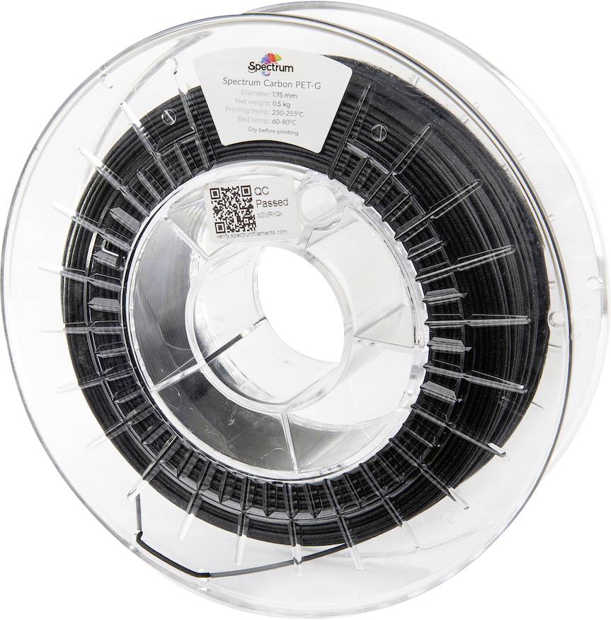 Spule mit schwarzem 3D-Druckerfilament, PET-G Kohlefaser, Aufkleber mit Details zur Drucktemperatur, eingelegt in transparentem Kunststoff.