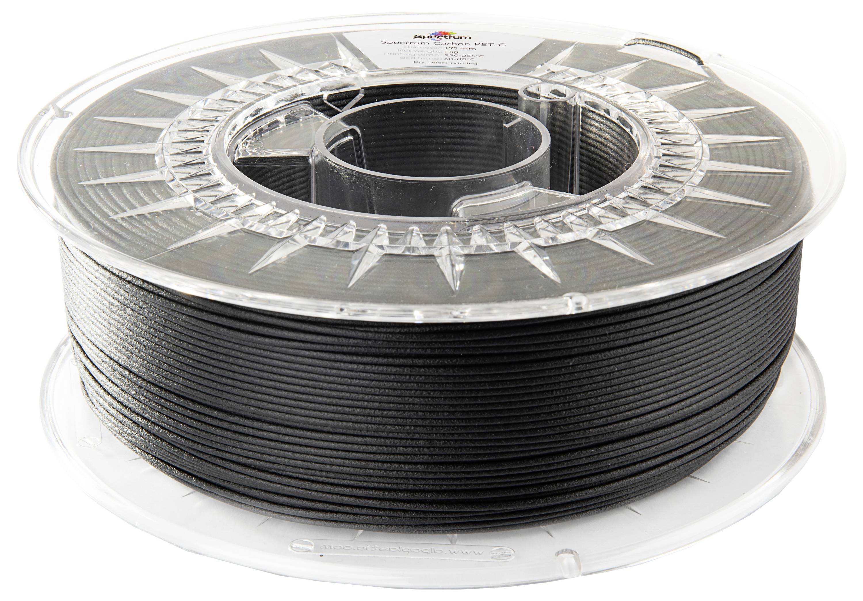 Schwarze 3D-Drucker-Filamentrolle in transparenter Plastikverpackung, auf einer weißen Oberfläche liegend.
