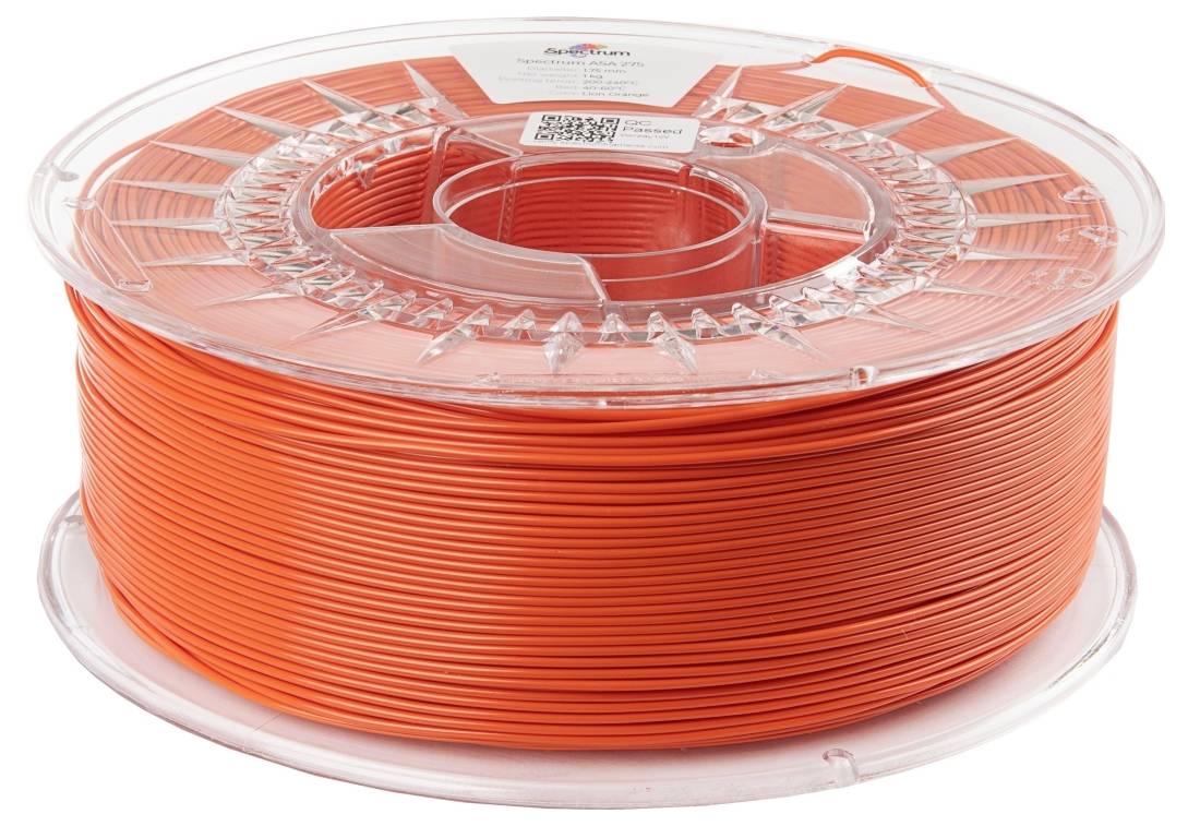 Eine Spule mit orangefarbenem 3D-Druckmaterial, speziell PLA-Filament, geeignet für 3D-Drucker.