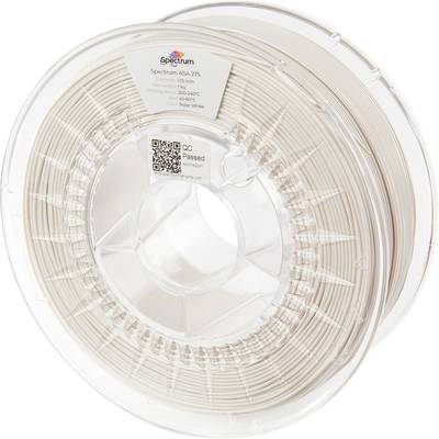 Die Abbildung zeigt eine transparente Kunststoffspule mit weißem 3D-Drucker-Filament der Marke Spectrum ASA 275, Farbe "Polar White".