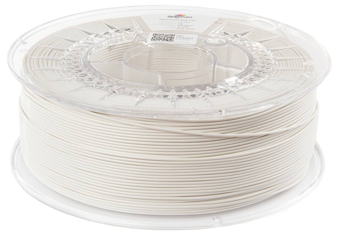 Eine Spule mit hellweißem 3D-Drucker-Filament, ordentlich aufgewickelt, auf einem transparenten Kunststoffträger.