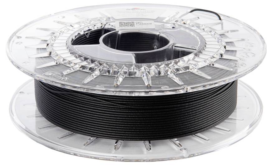 Eine transparente Spule mit schwarzem 3D-Druckerfilament.